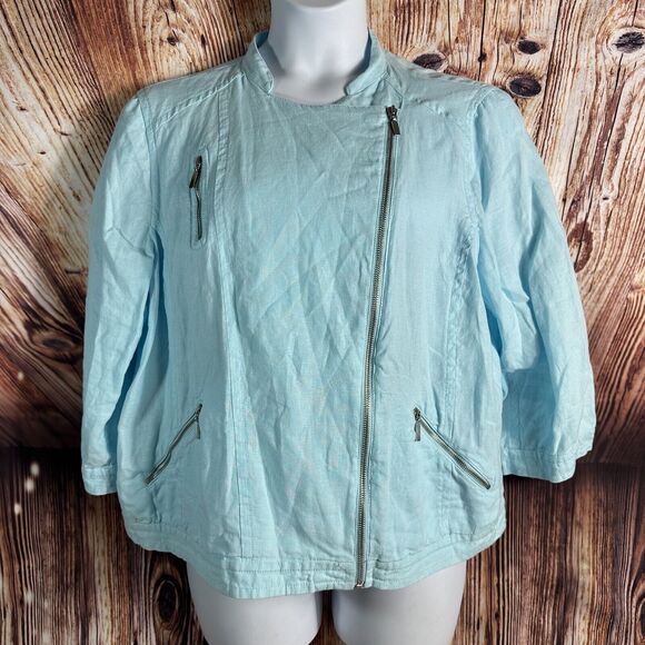Chico's Jackets & Blazers - Chico's 100% Linen Jacket Size 3 US X Large 16 Blue Zip Up 3/4 Sleeve Coat Top